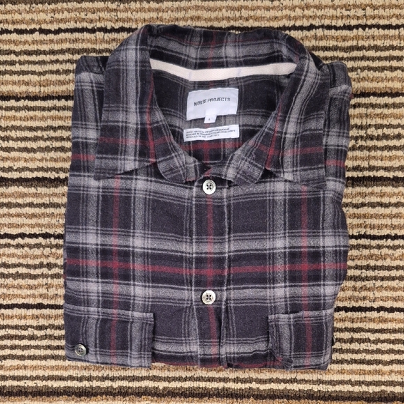 NORSE PROJECTS Villads Brushed Flannel Check Plaid Cotton Sz L Long Sleeve Shirt - Picture 1 of 10